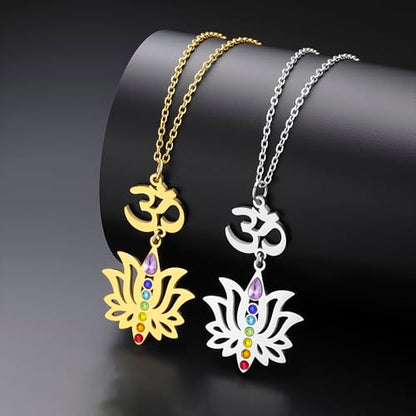 VASSAGO Lotus Flower Chakra Necklace for Women Lotus Flower Necklace 7 Chakra Pendant OM Symbol Buddha Amulet Spiritual Healing Jewelry Yoga Meditation Gift - color: Gold 2
