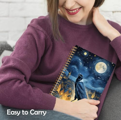 XUNLURY Starry Night Crow Notebook, Dark Academia Gothic Journal, Mystical Celestial Witchy Journal, Whimsical Moon Star Sky Raven Hardcover Spiral Notebooks, 5.5x8.3 Inch - color: Color_12