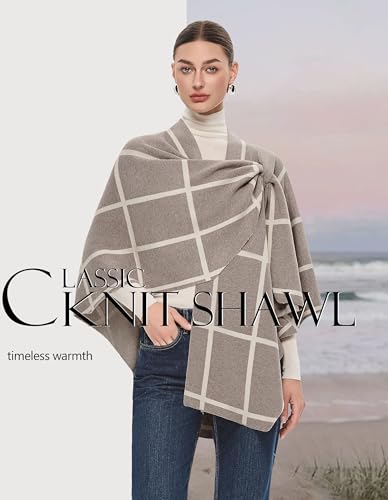 PULI Womens Elegant Cross Front Shawl Wraps Knitted Ponchos Cape Light Weight Poncho Sweater Soft Warm Travel Wraps - color: Classic Check-oatmeal and Barley Twist