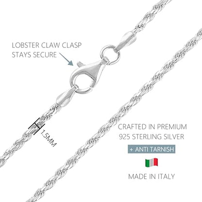 KISPER Solid 925 Sterling Diamond Cut 1.6mm Rope Chain Necklace for Women - Italian Made Durable Hypoallergenic Jewelry 16 18 20 22 24 30 Inch - size: 20 inches