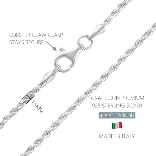 KISPER Solid 925 Sterling Diamond Cut 1.6mm Rope Chain Necklace for Women - Italian Made Durable Hypoallergenic Jewelry 16 18 20 22 24 30 Inch - size: 16 inches