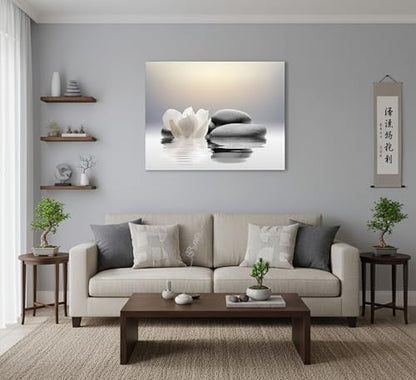 Zen Canvas Wall Art white Lotus Flowers and Black Massage Stones Spa Picture Wall Decor Poster Print Suitable for Yoga Meditation Room Bathroom Bedroom Study Home Decoration - size: 24"L x 16"W