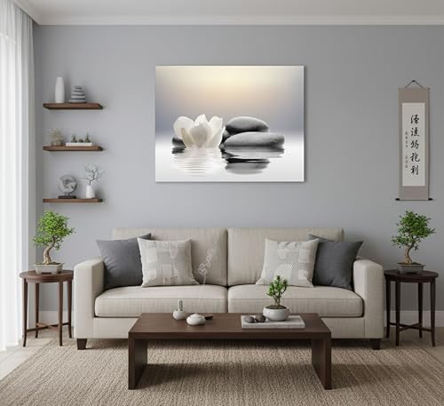 Zen Canvas Wall Art white Lotus Flowers and Black Massage Stones Spa Picture Wall Decor Poster Print Suitable for Yoga Meditation Room Bathroom Bedroom Study Home Decoration - size: 36"L x 24"W