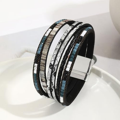 Fesciory Leather Wrap Bracelets for Women, Boho Leopard Multi-Layer Crystal Beads Cuff Bracelet Jewelry - color: Boho Braid(Black)