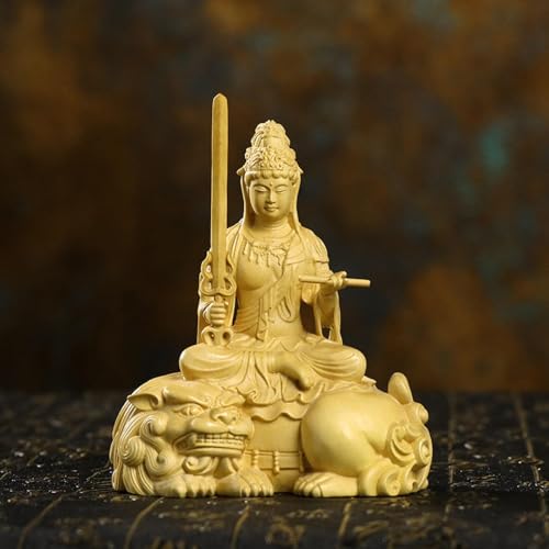Wooden Statue Manjushri Handmade Wood Sculpture Decor Boxwood Vintage Decoration Ornament for Living Room Bedroom Office Home Feng Shui Sculptural(11cm, 1)