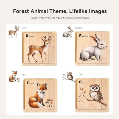 IEATFO 4 in 1 Wooden Animal Chunky Puzzle, 5 Solid Wood Puzzle Blocks with 4 Sides Realistic Forest Animals, Wooden Block Puzzle with Durable Base for Toddlers 3+ Years - Montessori Inspired - style: 4 in 1 (Forest)