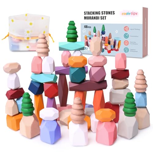 YHHYTOY 48 PCS Wooden Stacking Rocks Stones Building Blocks, Montessori Toys for 3+ Year Old Preschool Learning Activities Balancing Stacking Game, Birthday Gifts for 3 4 5 6 Year Old Girls Boys Kids - color: Morandi 48 Pcs