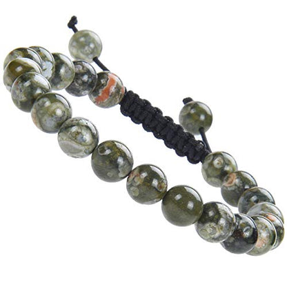 MASSIVE BEADS Natural Healing Power Gemstone Crystal Beads Unisex Adjustable Macrame Bracelets - color: Green Rainforest Jasper, size: 8mm