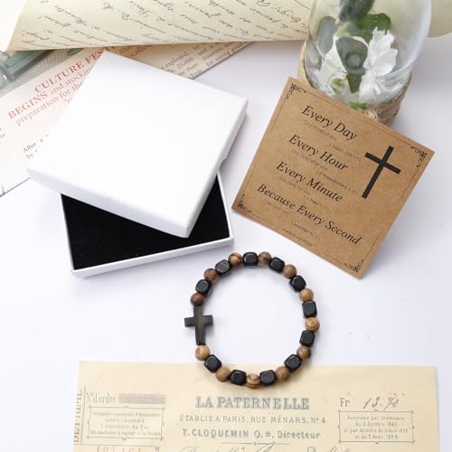 MILAKOO Wooden Bracelet with Black Stainless Steel Cross Charms Bead Christian Gifts for Women Men - color: C4