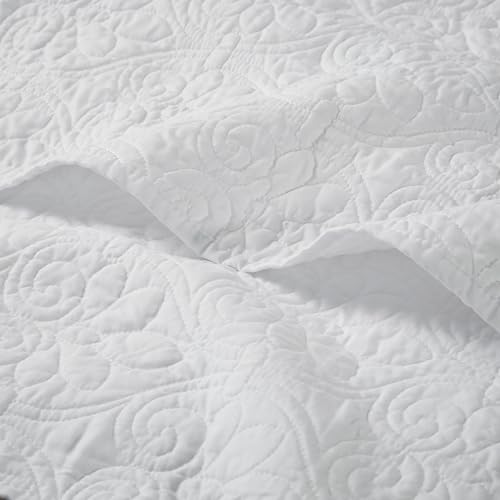 Madison Park Throw Blanket - Reversible Damask Quilting Design, Soft Pre-washed Microfiber, Cotton Filled Spread, Cozy Summer Blanket - Throw for Living Room Couch, Sofa, Bed, Quebec, 60x70", White - color: White, size: 60"x70"
