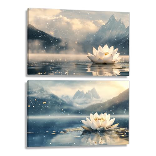 KPLUNDO Zen Canvas Wall Art 2 Panel White Blooming Lotus In Water Picture Print Natural Mountain Landscape Poster Wall Decor Home Decoration(Artwork-3,24"x32"x2pcs) - color: Artwork-3, size: 24"x32"x2pcs