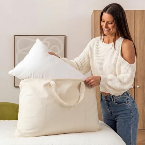 2 Pack 100% Cotton 20"x 30" Canvas Travel Pillow Storage Bag with Handles for Home Travel Beddings Comforters Blankets Saree Linens Organizer Thick Soft Breathable Closet Organizer Bag