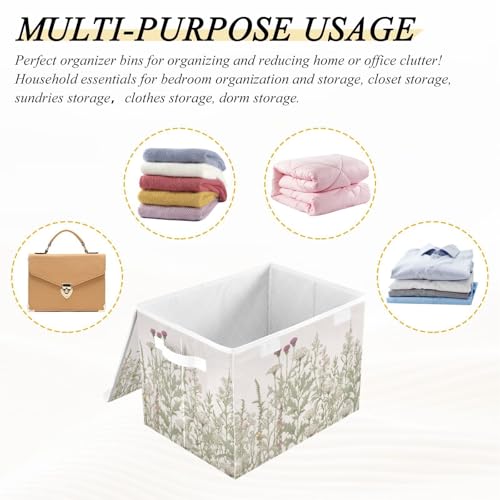 Kigai Collapsible Herbal Wildflowers Storage Basket with Lids and Handles,Storage Bins for Shelves Closet Bedroom,Office Storage