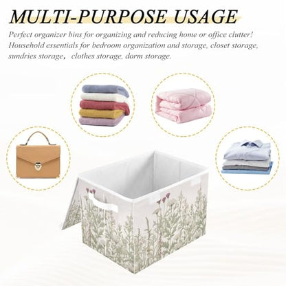 Kigai Collapsible Herbal Wildflowers Storage Basket with Lids and Handles,Storage Bins for Shelves Closet Bedroom,Office Storage