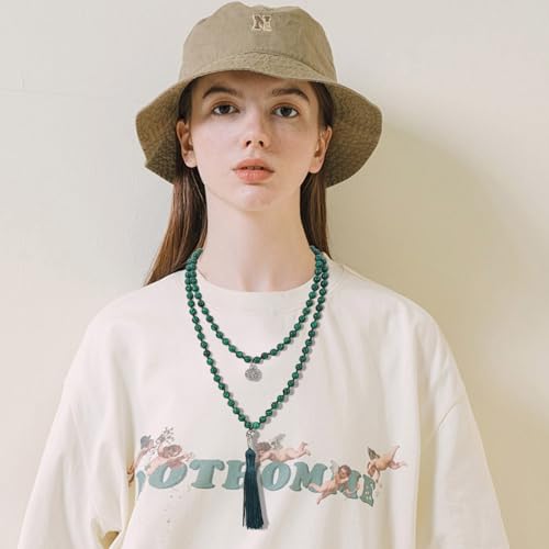 108 Mala Beads Necklace Semi-Precious Gem Stones Meditation Necklace 108 Hand Knotted Japa Mala Beaded Tassel Necklace with Tree of Life Pendant - color: Green Peafowl