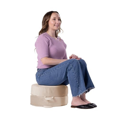 Factory Direct Partners FDP Overstuffed 16 inch Round Velvety and Vinyl Floor Cushions with Handles Flexible Seating for Home, Lounge, Yoga Studio, Deluxe Foam (2-Piece) - Beige - color: Beige