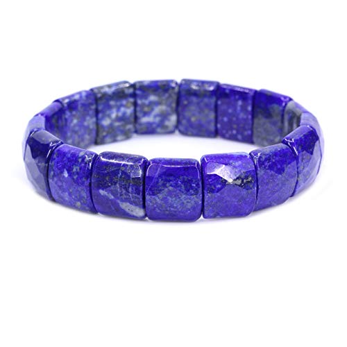 Keleny Gemstones Semi Precious 15mm Square Grain Faceted Beaded Stretch Bangle 7.5 Inch Unisex - color: Blue Lapis Lazuli