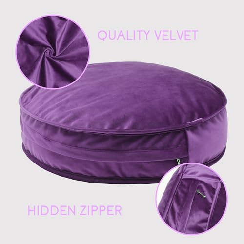 Round Floor Pillow Cover Velvet Throw Seating Pouf Yoga Meditation Cushion Plush Case Reading Room Decor Cover Only (25.6IN, Purple)