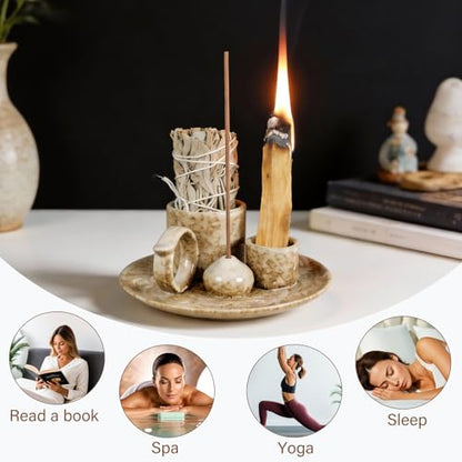4.1-Inch 5-in-1 Ceramic Smudge Bowl-Versatile Incense Stick Holder and Smudging Dish for Palo Santo and Sage–Ideal for Zen Altar, Meditation,Yoga, and Aromatherapy–Easy to Clean Brown Design - color: Palo-incense-dish-brown