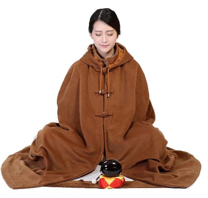 Monk Clothing Meditation Cloak,Zen Cloak Men's Guanyin Cloak Double-Layer Plush Winter Thickened Buddhist Comfortable - color: Camel Yellow, size: Medium