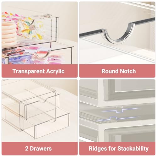 Hair Accessories Organizer for Girls, 2 Tier Acrylic Stackable Storage Drawers, Clear Vanity Hair Tie Bow Claw Clip Scrunchie Holder Organizer for Girls Stuff, Cute Desk Organizers and Accessories