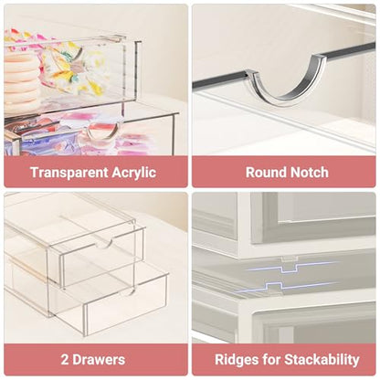 Hair Accessories Organizer for Girls, 2 Tier Acrylic Stackable Storage Drawers, Clear Vanity Hair Tie Bow Claw Clip Scrunchie Holder Organizer for Girls Stuff, Cute Desk Organizers and Accessories