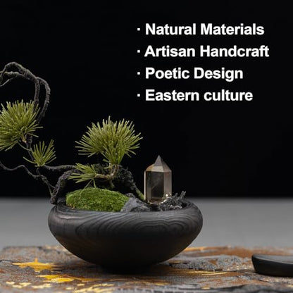 Pine Cloud Zen Décor Set – Feng Shui Bonsai Arrangement, Citrine & Black Tourmaline Crystals, Dehua Ceramic Incense Holder, Nishijin Silk Mat – Meditation & Healing Gift Set - style: Pine Cloud