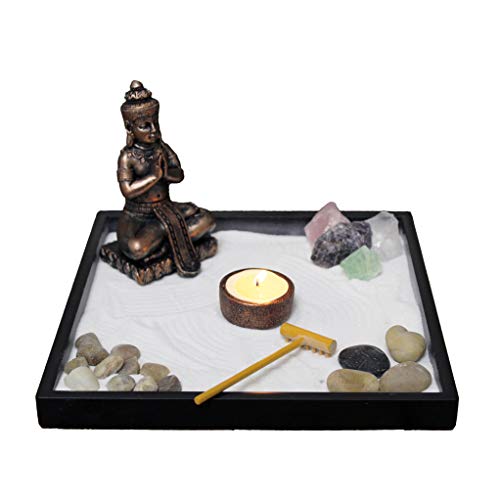 Nature's Mark Mini Zen Garden Kit for Desk with Rake, White Sand, Buddha Figures, Tea-Light Holder Black Square Base, River Rocks and Crystal (9Lx9W B)