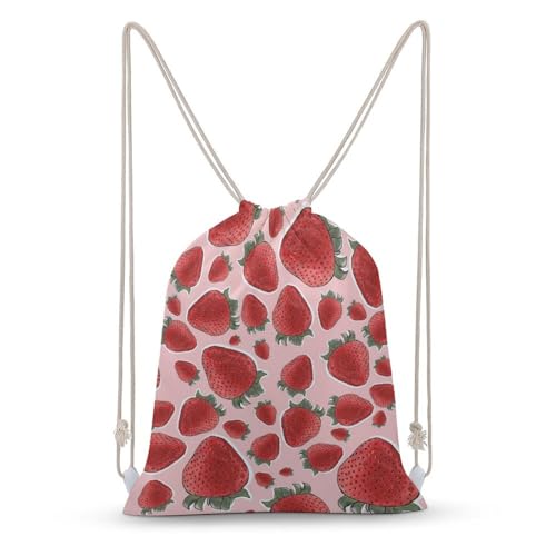 Strawberry Fruit Pink Portable Canvas Drawstring Backpack with Drawstring Pockets 30x40cm - color: Strawberry Fruit Pink, size: 30x40cm
