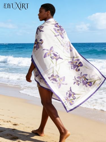 100% Mulberry Silk Oversized Women’s Sun-Shielding Shawl Formal Evening Neckwear Featherlight Airy - color: N13-violet Bloom Scarf（69" X 21"inch）