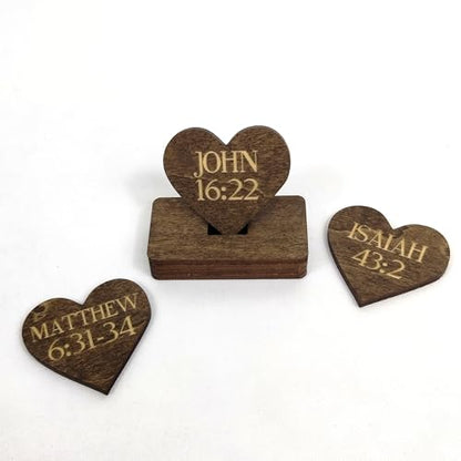 Biblical Affirmation Wood Cutouts | 72 Unique Laser Engraved Wood Hearts with Bible Verse Passages | Includes Desktop Affirmation Holder | Daily Religious Prayer Gift - style: Bible Verse Chips