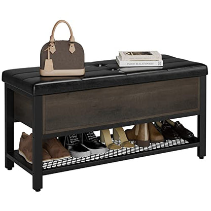 HOSTACK Storage Bench, Entryway Shoe Bench with Flip-Open Storage Box, End of Bed Ottoman Bench with Storage Shelf and Padded Seat for Bedroom, Hallway, Dark Brown