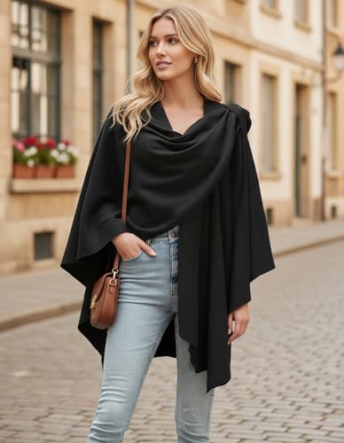 Womens Open Front Poncho Sweater Wrap Topper Knitted Elegant Shawls Cape for Spring Fall Winter - color: Series 1-black