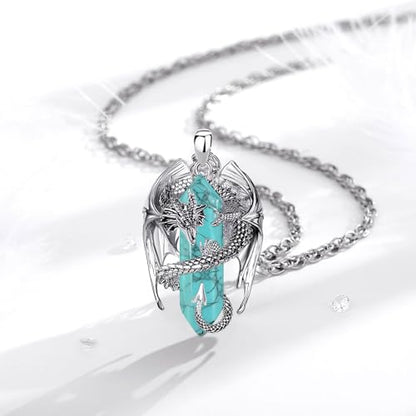 INFUSEU Unique Dragon Necklaces with Healing Crystal Stone for Men Women, Personalized Spiritual Gifts, 24 Inch Chain - color: Turquoise