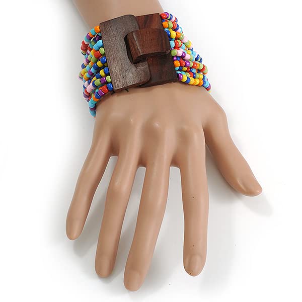 Avalaya Multicoloured Glass Bead Multistrand Flex Bracelet With Wooden Closure - 18cm L