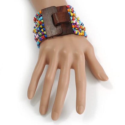 Avalaya Multicoloured Glass Bead Multistrand Flex Bracelet With Wooden Closure - 18cm L