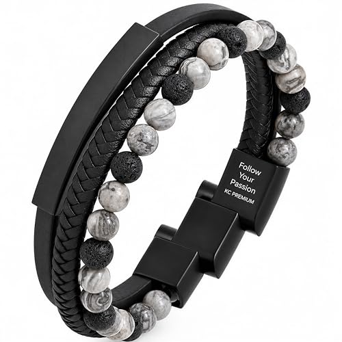 Premium Men’s Bracelet | Leather Bracelet for Men | Beaded Bracelets Black Onyx & Tiger-Eye Beads | Brown Leather Jewelry with Adjustable Stainless-Steel Clasp | Gift Dad Husband Son Boyfriend - color: Black/Grey