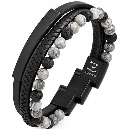 Premium Men’s Bracelet | Leather Bracelet for Men | Beaded Bracelets Black Onyx & Tiger-Eye Beads | Brown Leather Jewelry with Adjustable Stainless-Steel Clasp | Gift Dad Husband Son Boyfriend - color: Black/Grey