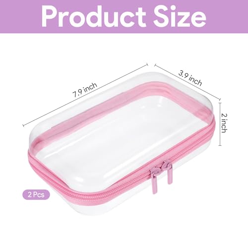 2Pcs Pink Frame Hard Shell Zipper Case, Travel Organizer with Clear Zipper Pouches Hard Shell Design, Multipurpose Clear Makeup Bag for Snacks, Toiletries Stationery Doll Storage (7.9x3.9 Inch)