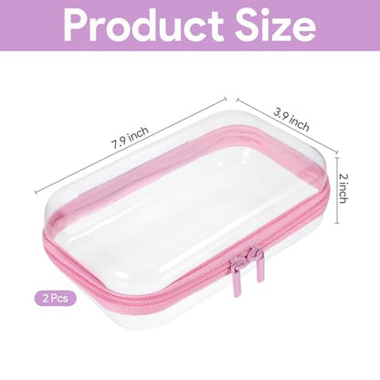 2Pcs Pink Frame Hard Shell Zipper Case, Travel Organizer with Clear Zipper Pouches Hard Shell Design, Multipurpose Clear Makeup Bag for Snacks, Toiletries Stationery Doll Storage (7.9x3.9 Inch)