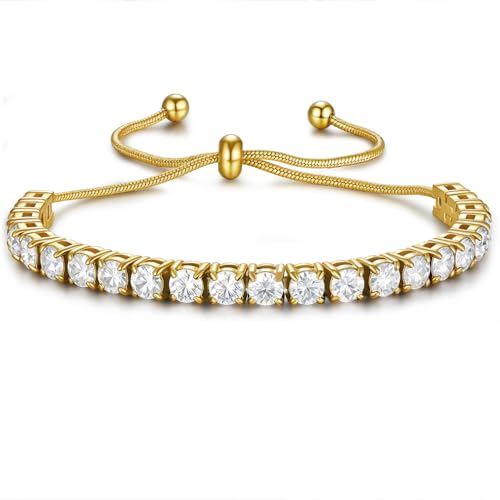 3/4mm Moissanite Tennis Bracelet Adjustable Simulated Diamond Chain 18K Gold Plated 316L Stainless Steel Bracelets Jewelry Gifts for Women Men Wife Mother - color: Gold, size: 3MM Moissanite