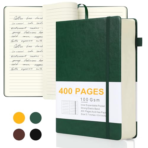 Journals for Writing, A5 Leather Ruled Notebook with 400 Pages, 100 Gms College Ruled Journal with Thick Paper, Hardcover with Inner Pocket & Pen Holder, Dark Green