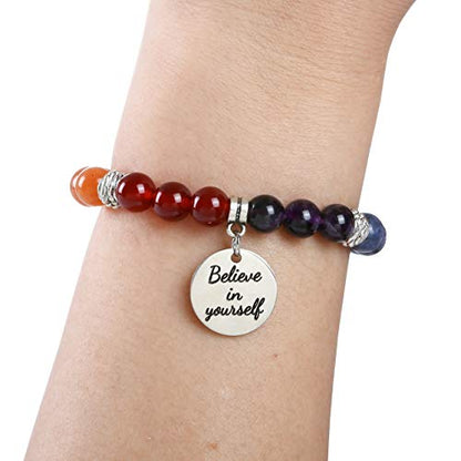 Top Plaza 7 Chakra Stone Bead Bracelets Yoga Reiki Healing Crystals Gemstone Beaded Bracelet Friendship Inspirational Message Charm Bracelet for Women Men - color: Believe in yourself
