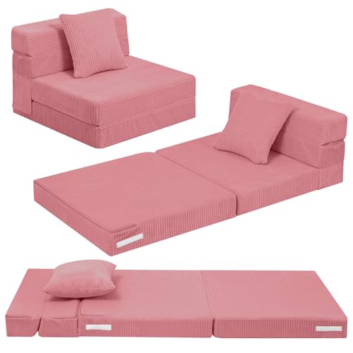 MeMoreCool Kids Folding Sofa – Corduroy Floor Futon Chair, Pink, Tri-Fold Mattress for Toddlers Soft Washable Covers | High-Density Foam | Lounger for Reading - color: Pink