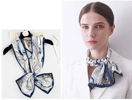 100% Silk Scarf for Women 59”*6.3” Long Shawls for Headscarf and Neck- Oblong Hair Wraps with Gift Packed - color: White&blue -Nautical