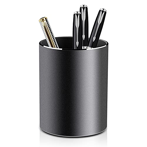 Vaydeer Metal Pen Holder Aluminum Pencil Holder for desk, Round Desktop Organizer and Black Pencil Cup for Office, School, Home and Stationary Supplies (3.15 x 3.15 x 3.94 Inches) - color: Black