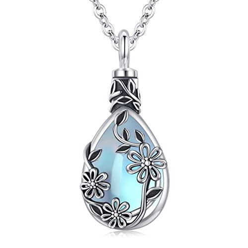 JUSTKIDSTOY Moonstone Urn Necklace for Ashes Sterling Silver Daisy/Rose/Tree Teardrop Pendant Necklace Cremation Jewelry Keepsake Memorial Gifts for Mother Grandma w/Funnel Filler - style: Daisy