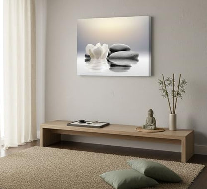 Zen Canvas Wall Art white Lotus Flowers and Black Massage Stones Spa Picture Wall Decor Poster Print Suitable for Yoga Meditation Room Bathroom Bedroom Study Home Decoration - size: 36"L x 24"W