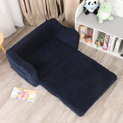MOMCAYWEX Kids Sofa, 2-in-1 Flip-Out Foam Couch with Soft Sherpa Cover, Cozy Play Lounge Chair, Extra Wide, Dark Blue - color: Dark Blue, size: Large
