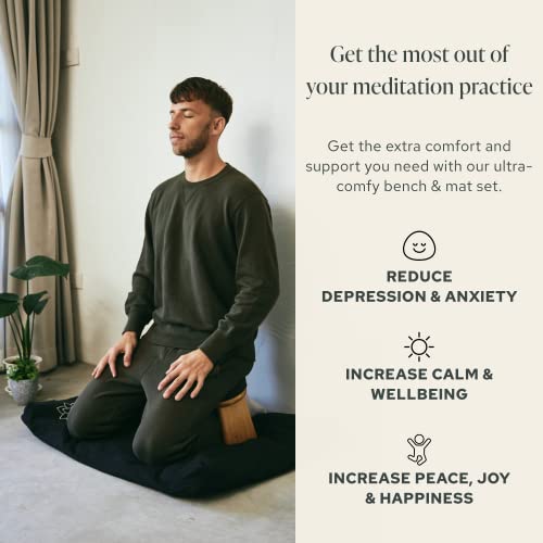 Mindful Modern Bamboo Bench and Zabuton Meditation Mat Bundle - Small Kneeling Meditation Bench with Locking Magnetic Hinges - Wooden Kneeling Ergonomic Bamboo Seiza and Mat for Meditation